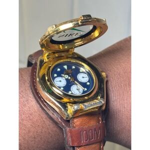 VTG Nike Flip-Top Chronograph Watch 100M–Rare Gold-Tone/Leather Band New Battery